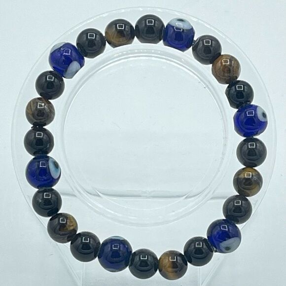 Crystal beaded stretch bracelet ONE NEW evil eye yellow tiger eye silver obsidia - Picture 6 of 10